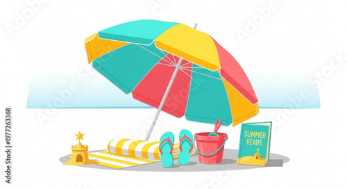 A colorful beach scene with a vibrant umbrella and summer accessories