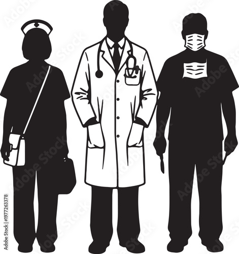 Three essential professionals standing side by side in uniform attire