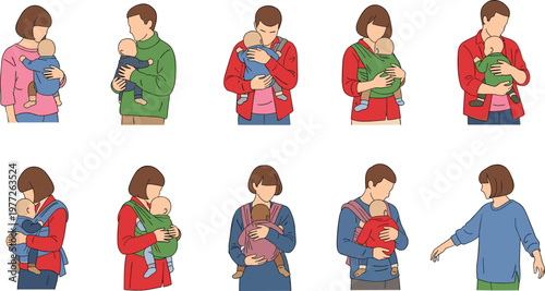 Parents holding babies illustration set, mother and father caring for newborn child, family bonding moments, parenting and childcare concept for healthcare, love and lifestyle design