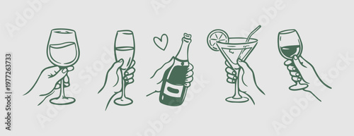 Cheers hands doodle set with wine champagne and cocktail glasses hand drawn sketch vector for wedding menu and party design