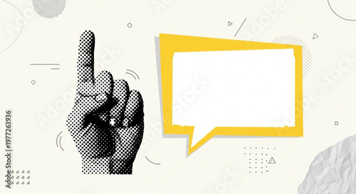 Illustration of a hand pointing upwards next to a speech bubble, signifying a message or idea
