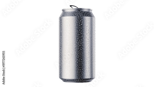 Photography Cold metallic soda can covered in water droplets, isolated on transparent backgr