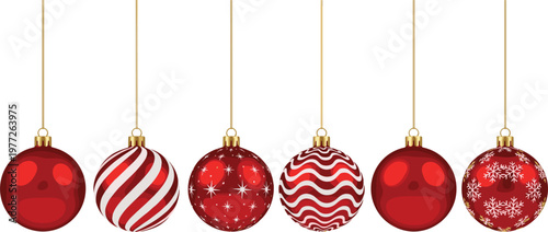 Red Christmas ornaments set with decorative patterns, festive holiday baubles hanging, elegant winter decoration illustration for celebration, New Year and seasonal design themes