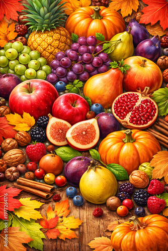 秋の実りフルーツと紅葉の背景