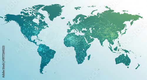 A vector graphic illustration of a world map with a green and blue gradient background
