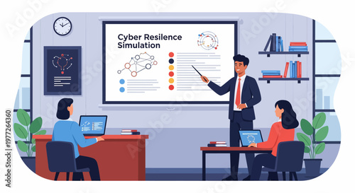 Businessman presenting cyber resilience simulation to colleagues.