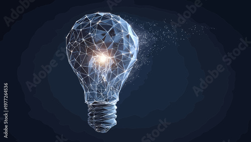 A wireframe light bulb with glowing threads and radiating particles represents a new concept or a brilliant thought process.