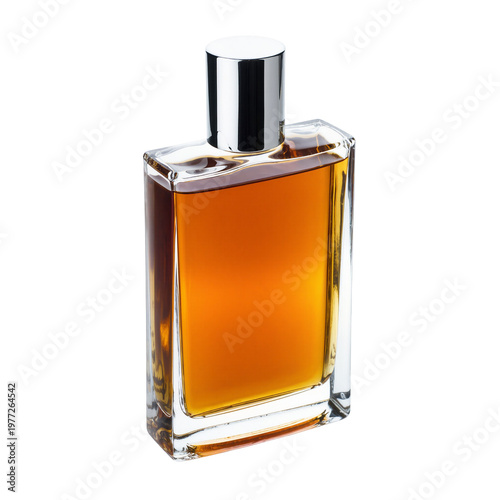 Rectangular glass perfume bottle with amber liquid and silver cap, isolated on transparent background