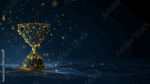 A golden geometric trophy represents achievement and success, adorned with sparkling lights and a digital network on a dark, abstract surface.