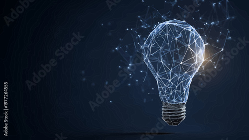 A glowing geometric light bulb symbolizes innovation and bright ideas emanating from a digital network on a dark background.
