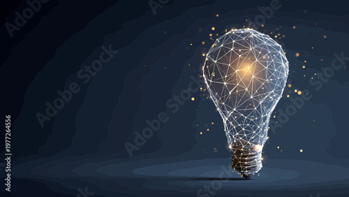 A glowing polygonal light bulb composed of a luminous web of connections symbolizes a new idea, breakthrough, or innovative solution emerging.