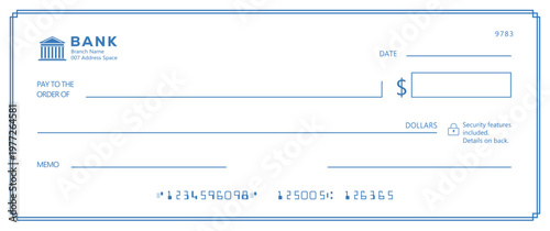 Bank check, vector blank money cheque, checkbook template with guilloche pattern and fields. Currency payment coupon, money check background