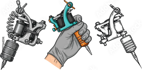 Tattoo machine collection with professional equipment and hand holding tattoo gun in flat vector style, body art tools isolated on white background for tattoo design