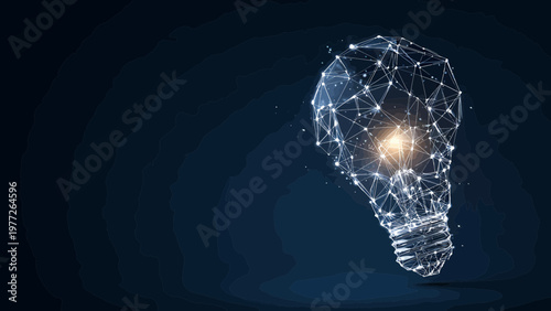An illuminated polygonal light bulb constructed from a glowing network of lines and nodes represents a brilliant idea or innovative concept.