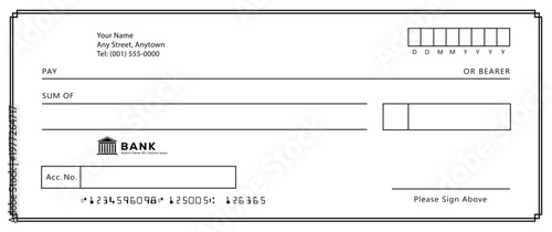 Bank check, vector blank money cheque, checkbook template with guilloche pattern and fields. Currency payment coupon, money check background