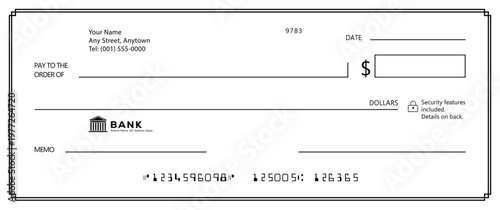 Bank check, vector blank money cheque, checkbook template with guilloche pattern and fields. Currency payment coupon, money check background