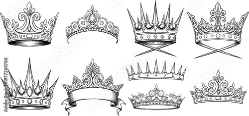 Vintage crown collection in black and white line art, royal tiaras and king crowns with ornate details, elegant heraldic illustration set for luxury, monarchy and tattoo design