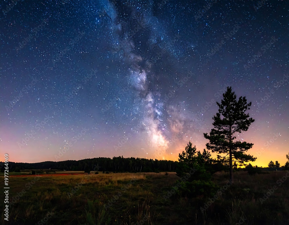 Fototapeta premium Night sky over a field with a Milky Way