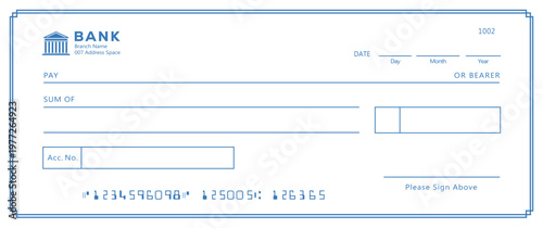 Bank check, vector blank money cheque, checkbook template with guilloche pattern and fields. Currency payment coupon, money check background