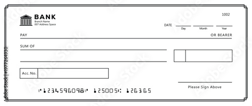Bank check, vector blank money cheque, checkbook template with guilloche pattern and fields. Currency payment coupon, money check background