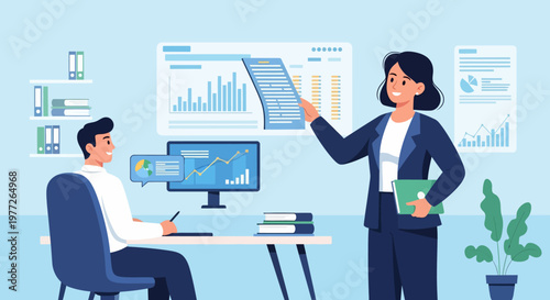 Businesswoman Presenting Data to Colleague in Office.