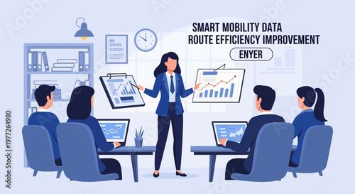 Businesswoman presenting data to colleagues in meeting.