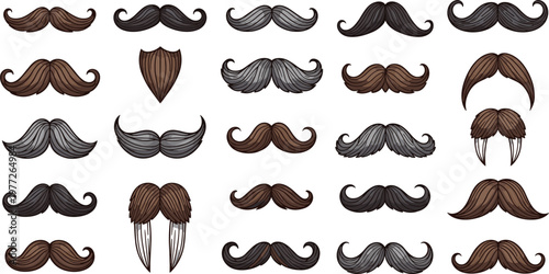 Vintage mustache collection in different styles, retro facial hair elements set with classic beards and moustaches, barber design for grooming, hipster and men style concepts