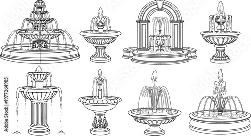 Vintage fountain collection in engraving style, detailed water fountains with classic architecture, ornamental garden elements illustration for landscape design, park decoration and historical themes