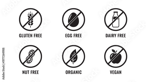 Icons indicating food restrictions like gluten-free, egg-free, dairy-free, nut-free, organic, and vegan diets