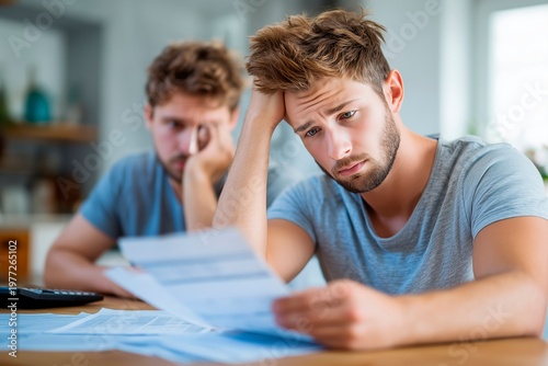 Stressed young man reviewing bills at home, worried about financial problems and expenses