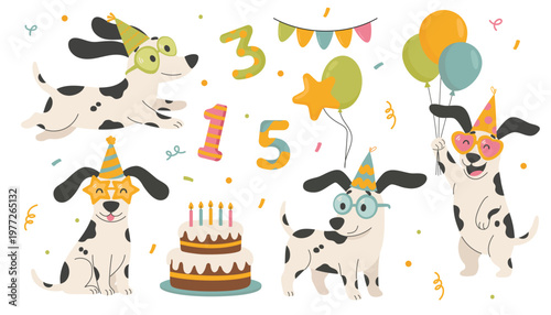 Cute dalmatian dogs birthday party set, funny puppies with cake, balloons and numbers, vector illustration