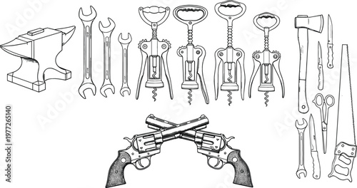 Vintage tools and revolvers engraving set, hand drawn mechanical equipment with wrenches, corkscrews and crossed pistols, retro workshop illustration for industrial and craft design themes