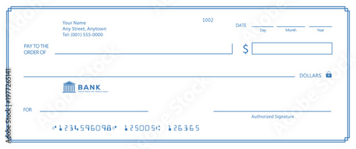 Bank check, vector blank money cheque, checkbook template with guilloche pattern and fields. Currency payment coupon, money check background