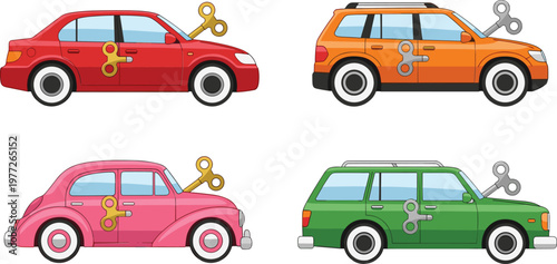 Wind up toy cars collection with colorful vehicles and mechanical keys in flat vector style, playful retro automobile illustrations isolated on white background