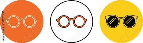 Round Glasses Icon Set in Orange and Yellow Colors Representing Eyewear, Vision, Fashion Accessories, Optical Style, and Modern Interface Design Elements