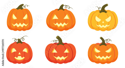 Set of Halloween pumpkins with carved spooky faces, glowing jack o lantern collection in flat vector illustration for holiday decoration design