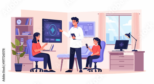 Colleagues Discussing Project in Modern Office Setting.