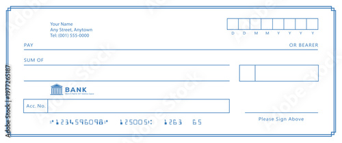 Bank check, vector blank money cheque, checkbook template with guilloche pattern and fields. Currency payment coupon, money check background