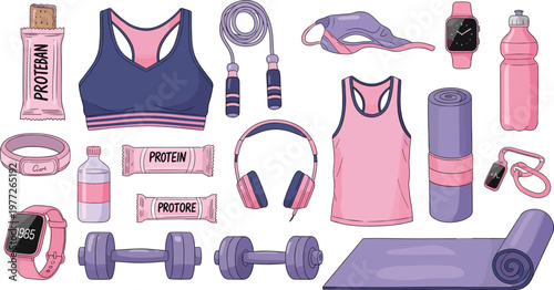 Women fitness accessories collection with sportswear yoga mat dumbbells headphones and protein supplements in flat vector style, workout lifestyle elements isolated on white background