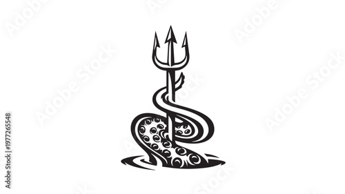 Trident entwined with an octopus tentacle, a powerful symbol of sea gods and mythical creatures rendered in a bold black tribal tattoo style.