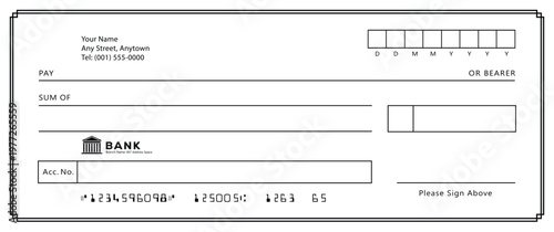 Bank check, vector blank money cheque, checkbook template with guilloche pattern and fields. Currency payment coupon, money check background