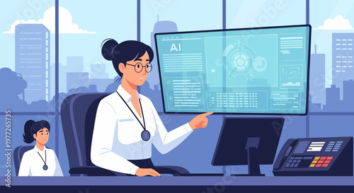 Female Doctor Pointing at Computer Screen.