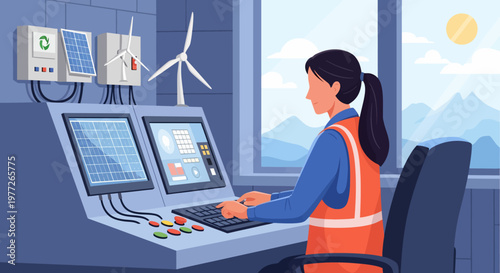Female Engineer Monitoring Wind Turbine Controls.