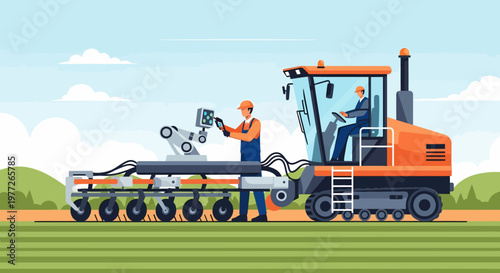 Farmer Operating Tractor with Seeder Attachment.