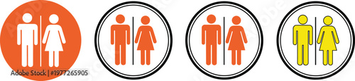 Male Female Restroom Icon Set in Orange and Yellow Colors Representing Gender Symbols, Public Toilet Signage, Facilities, and User Interface Design Elements