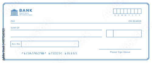 Bank check, vector blank money cheque, checkbook template with guilloche pattern and fields. Currency payment coupon, money check background