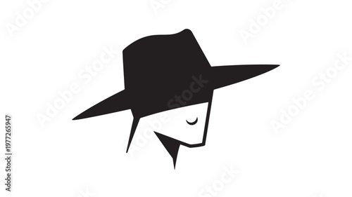 Hat silhouette with minimalist face featuring a crescent eye and sharp jawline, isolated on white background.