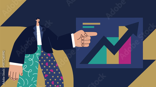 Abstract Corporate Character Pointing at Upward Growth Arrow - Modern Business Vector Series for Sales Increase, Market Success, Profit Margin, and ROI Progress