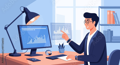 Man Analyzing Data on Computer Screen.