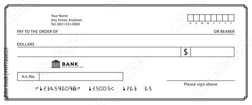 Bank check, vector blank money cheque, checkbook template with guilloche pattern and fields. Currency payment coupon, money check background